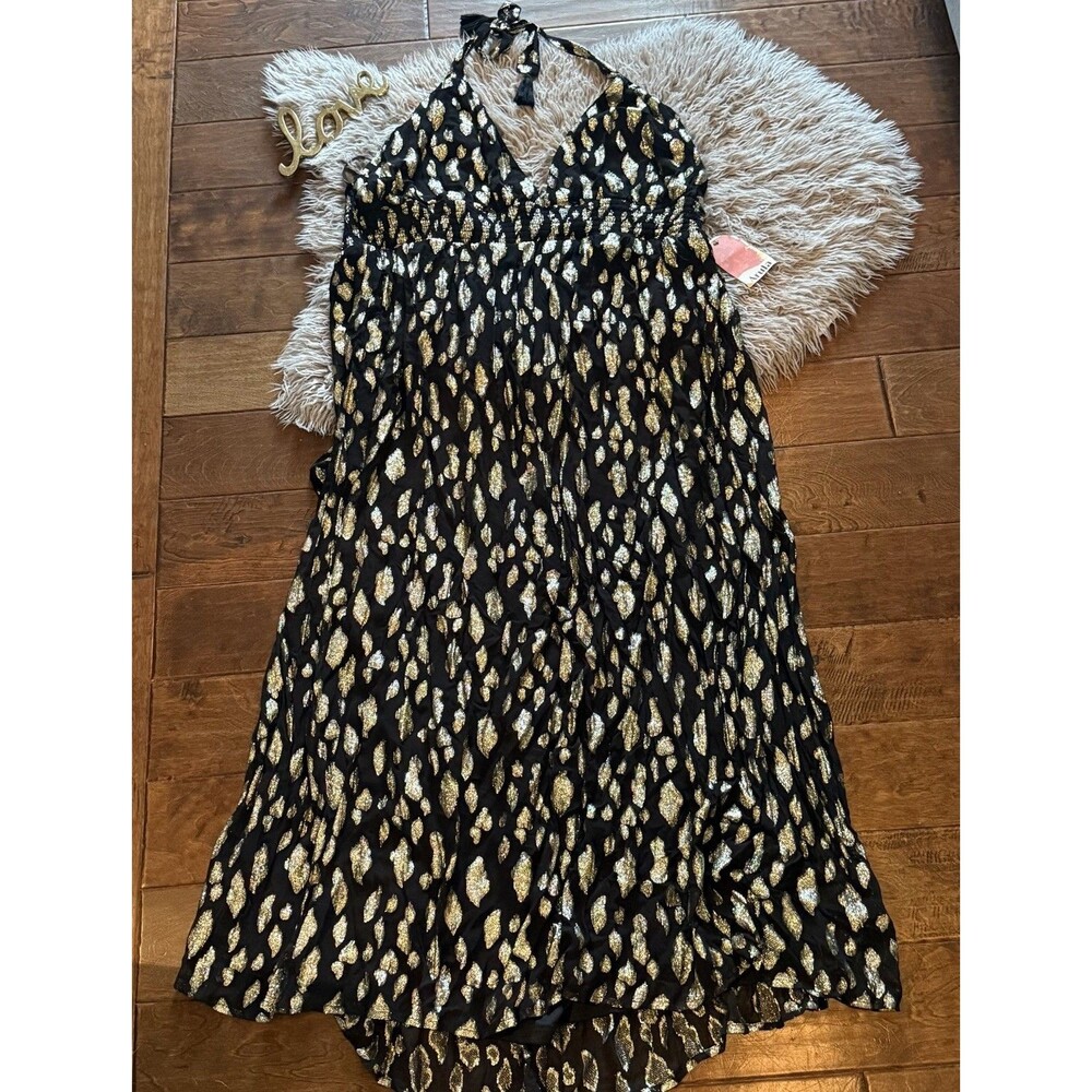 Arula Captivating Dress Black & Gold Maxi Halter Size 3X New